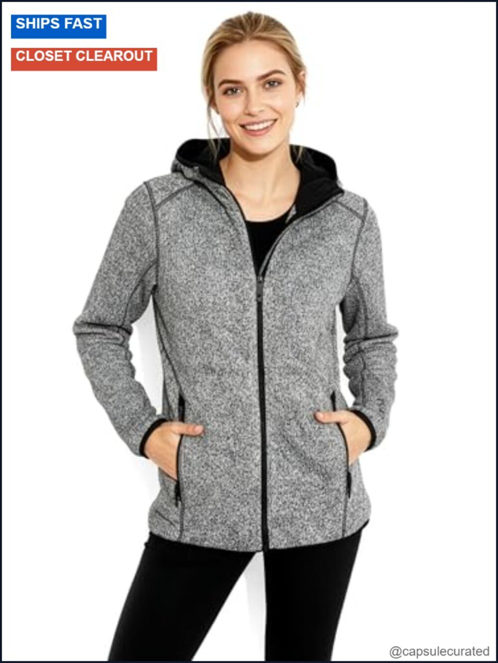 Roxy Bonded Fleece Hooded Full-Zip Jacket with Zippered Pockets, Adjustable